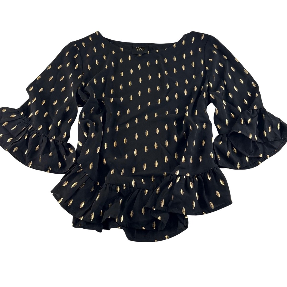 W5 Womens Black Gold Foil Leaf‎ Ruffle Sleeve Peplum Blouse Top Small 12339LYY